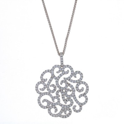 White Gold Diamond Floral Vine Scrollwork Pendant Necklace 18'' - 18k Rnd 1.21ctw