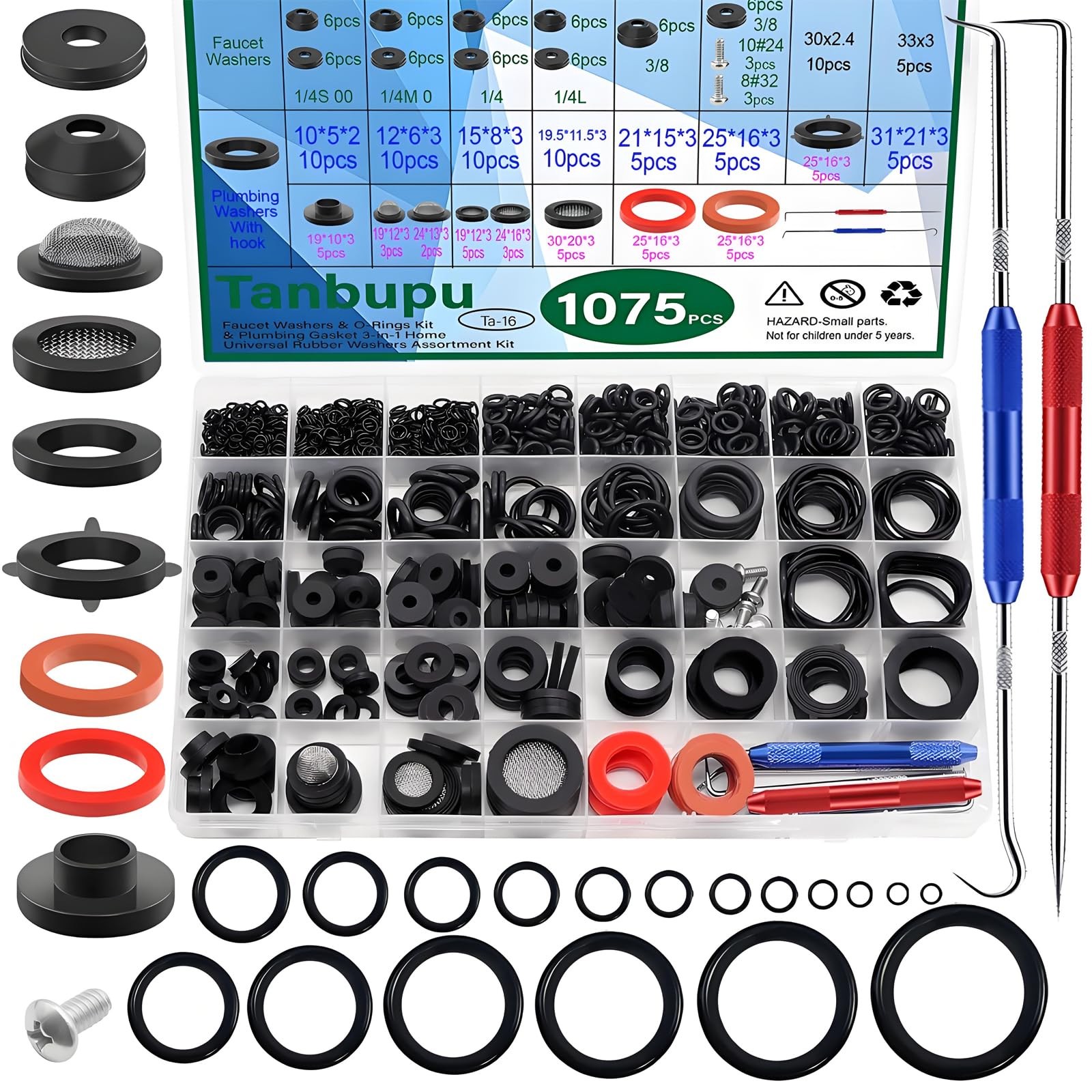 37 Sizes 1075Pcs Universal Plumbing Repair Kit Faucet washers & O-Rings & Sea...