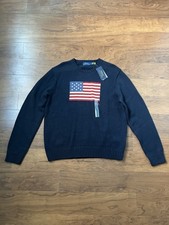 NWT Polo Ralph Lauren Navy Blue AMERICAN FLAG Knit CrewNeck Sweater Size Large