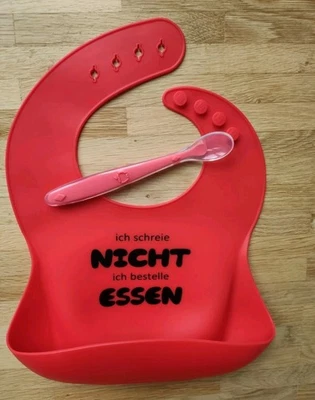 5 Silikonlätzchen Latz BPA-Frei mit Auffangschale + Löffel Rot frecher Spruch - Bild 1 von 4
