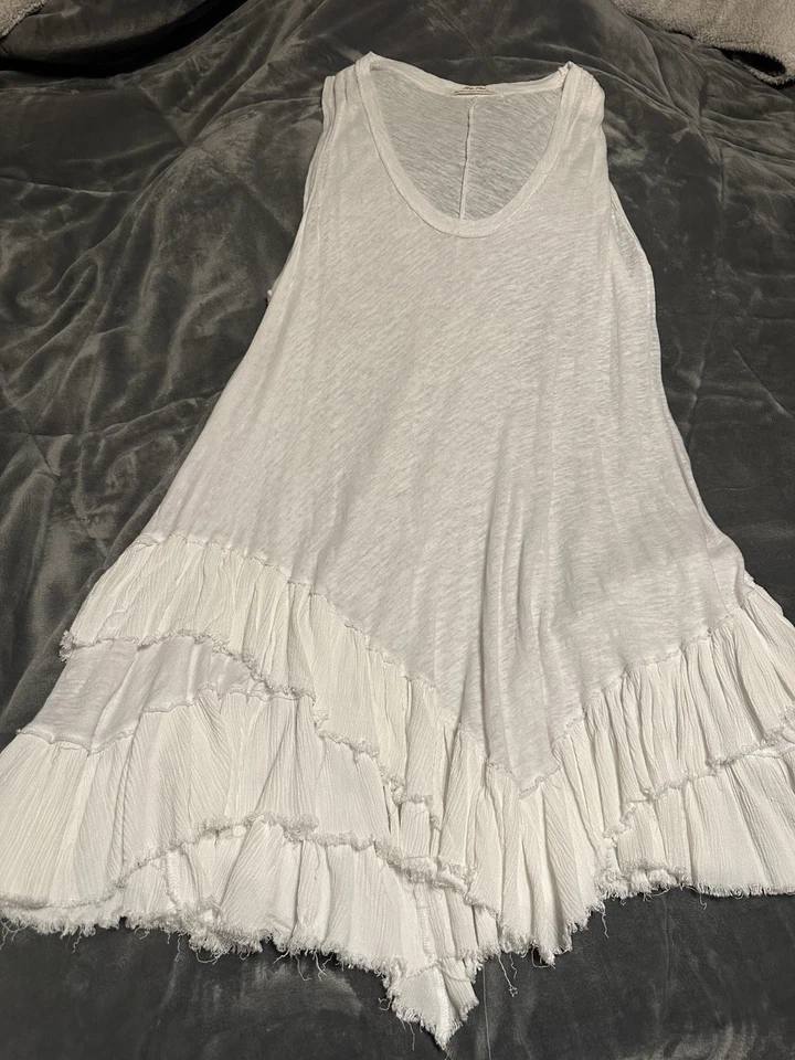 Túnica sin mangas Free People blanca swing lino talla grande dobladillo asimétrico borde crudo Foto 3 de 4