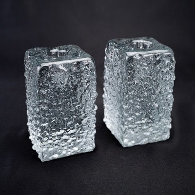 Pair Mid Century Modern Textured Ice Bark Glass Taper Candle Holders