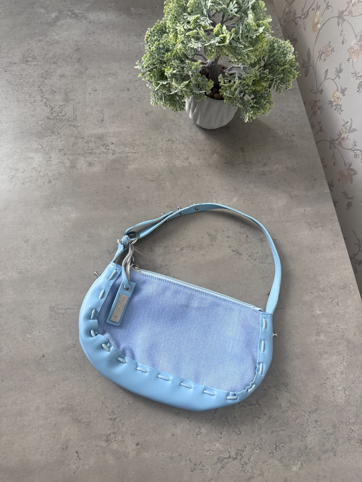 Vintage Versus Versace Y2K Blue Denim Leather Shoulder Bag Baguette Purse Charm