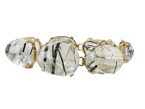 Retro Cabochon Tourmalinated Rock Crystal Quartz 14k Gold Link Bracelet 7" - Picture 2 of 12