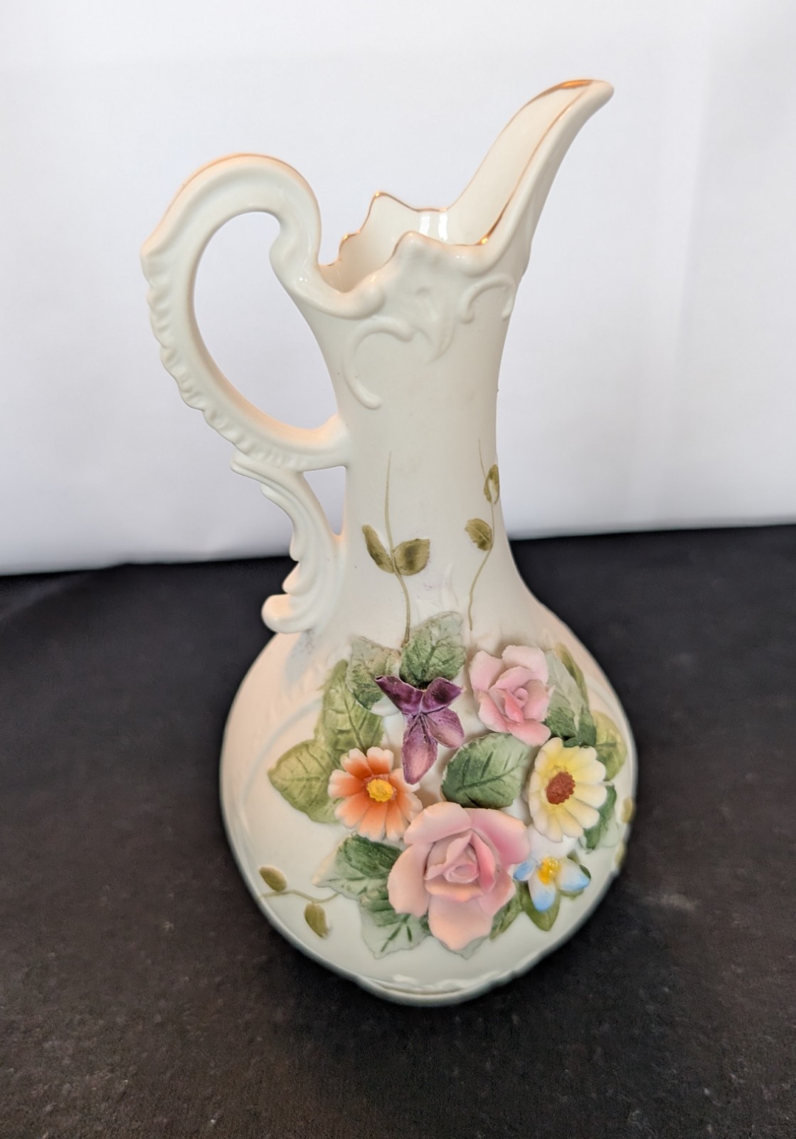 Vintage Lefton China White with Hand Painted Flowers Pitcher Bud Vase
