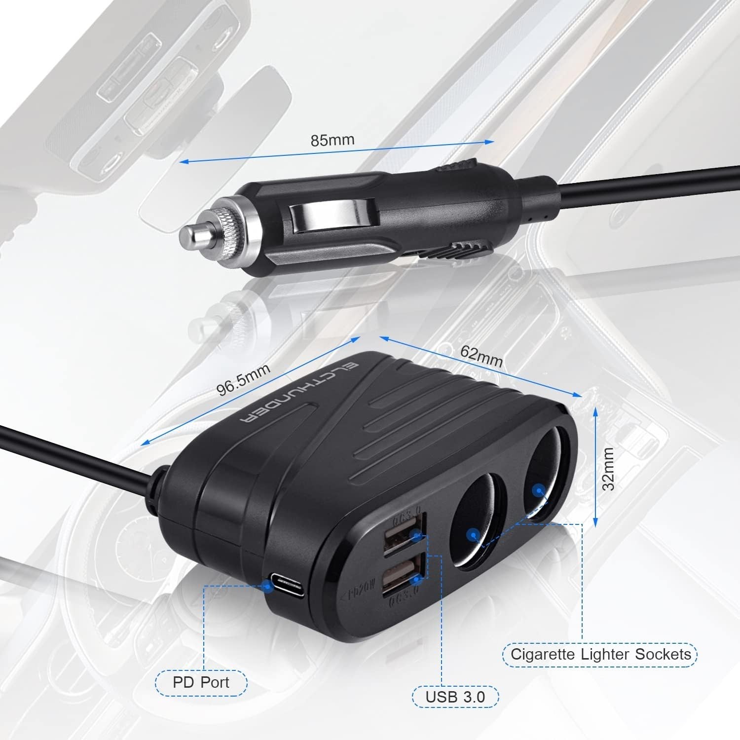 Quick Charge 3.0 Car Cigarette Lighter Splitter, 2 Sockets, 20W PD Type-C