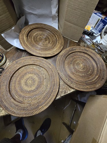 ​Set of 3 Vintage Hand-Woven Rattan Buri Charger Plates 13" Boho Tropical Decor