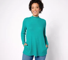 LOGO by Lori Goldstein Metallic Waffle Knit Mock Neck Top Lace Green 1X A627095