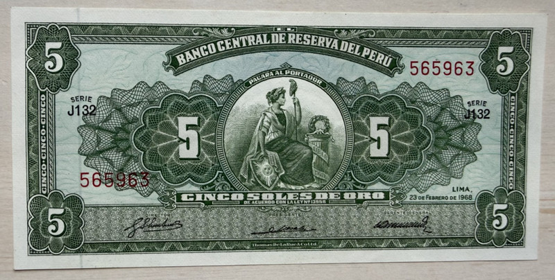 PERU 5 SOLES DE ORO 1968 CRISP  UNC NO RESERVE! COMBINE SHIPPING