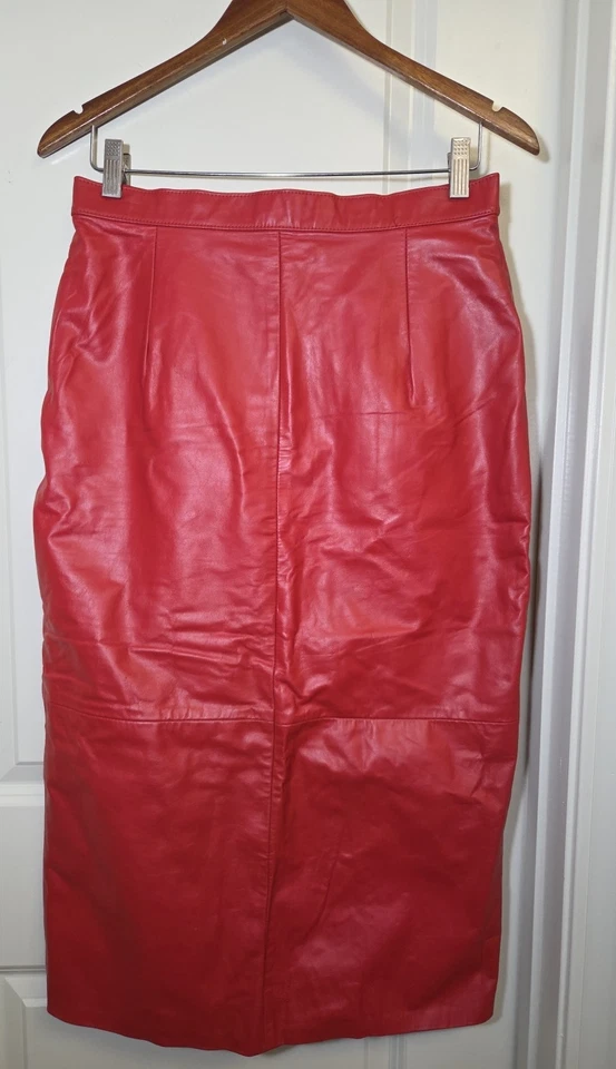 Falda De Colección Años 80 Cuero Roja Lápiz Trasero Abertura Forrada Talla 11/12 Rockabilly Western Foto 2 de 4