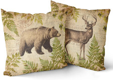 18"x18" Vintage Deer Pillow Covers Set of 2 Rustic Wildlife Leaf Decorative Cot