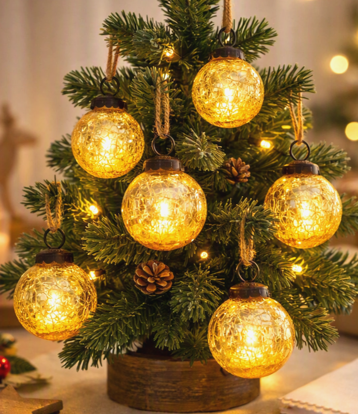Sass & Belle Gold Crackle Recycled Glass Bauble Round Xmas Tree Decoration x6