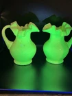 Vtg LG Wright / Fenton Custard Glass Pitchers Pair Glows Uv Uranium 5.5x5 Mint