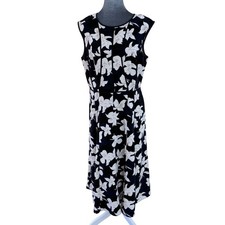Ann Taylor Bold Romantic Navy Black Floral Fit Flare Midi Dress Piping Detail 12