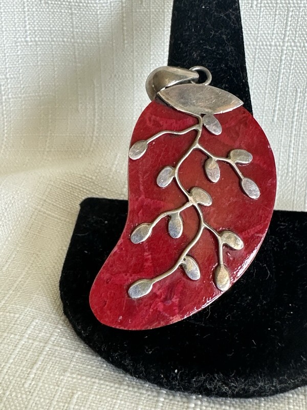 Coral Slab Pendant With Silver Details