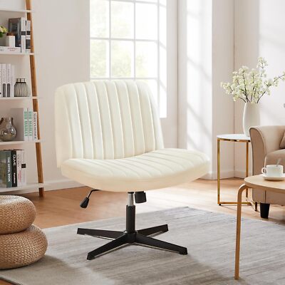 Beige Leather Armless Cross Legged Home Office Chiar Vanity Modern Swivel Chair