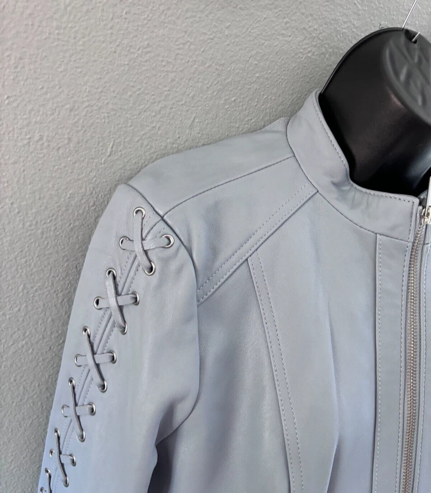 Neiman Marcus Light Blue Leather Lace-Up Moto Jacket Womens Medium Lined - Image 2 of 4
