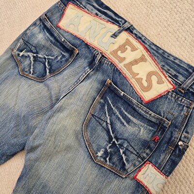Replay MV983 'Angels' Rare Y2K Patchwork Bootcut Navy Denim Jeans 34R W34 L32