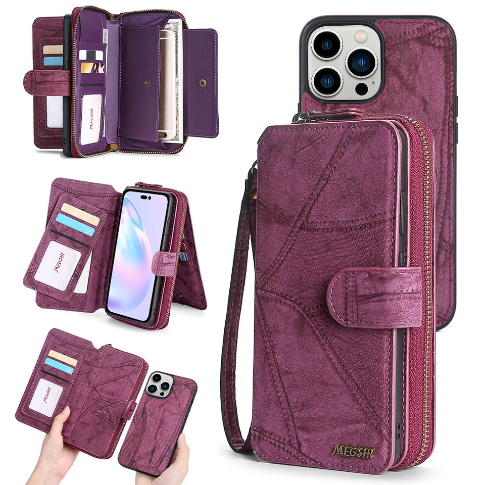 Fr iPhone 16E 15 14 13 12 11 Zipper Pocket Wallet Magnetic Detachable Phone Case - Image 3 of 4