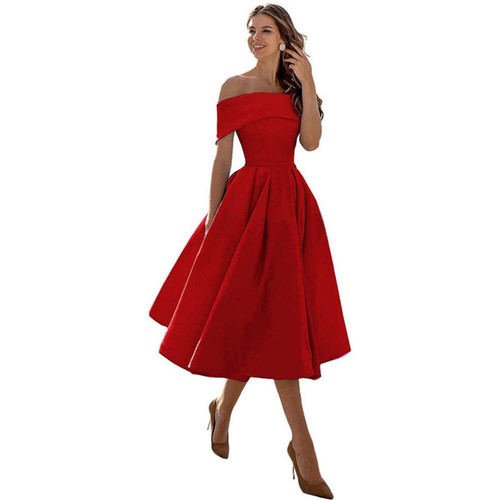 Women's Fashion Casual Strapless Satin Party Dress Off The Shoulder Tea Length S - Picture 81 of 106