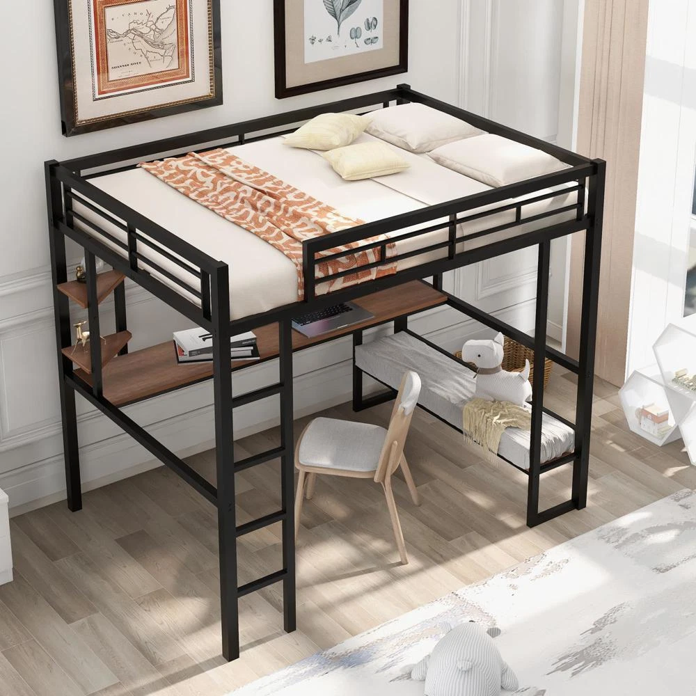 Full Size Metal Loft Bed with Long Desk and Shelves 78 X56.3 X71.6