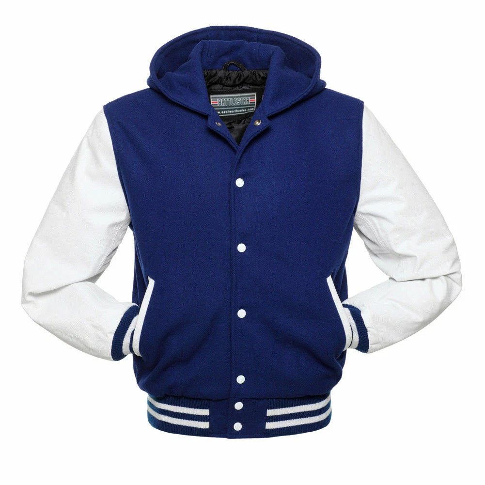 Royal Blue Wool Hood Varsity Letterman Bomber Jacket White Pure