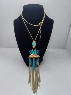 TURQUOISE / BLUE BEADS GOLD TONE SNAKE CHAIN NECKLACE GOLD TONE CHAIN TASSELS