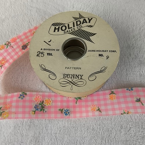 Vintage Holiday Gingham Floral Flocked Woven Ribbon Original Spool 1 3/8" 12 Yd