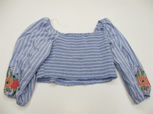 Neu XHILARATION Crop Top Damen Gr. XL Baumwolle offen Rüschen blau gestreift Bluse - Bild 6 von 7