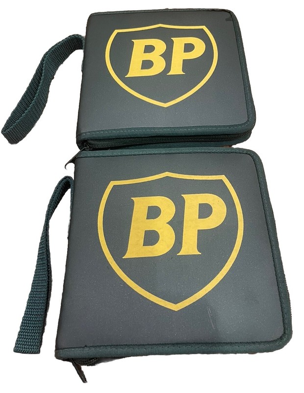 2 Rare Vtg BP Shield Logo CD Case Holders, Zipper Close CD/Blu-ray/DVD