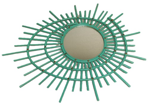 Miroir Rotin bleu turquoise . forme du logo ORTF , vintage rétro années 50 ...