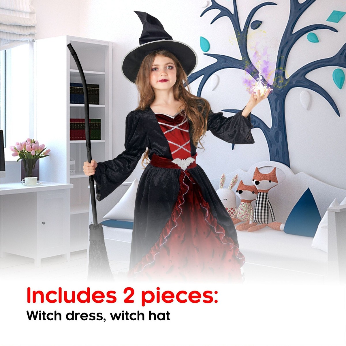 Hexenkostüm Für Mädchen, 4-teilig – Mit Hut, Augenklappe, Besen & Rock, Halloween