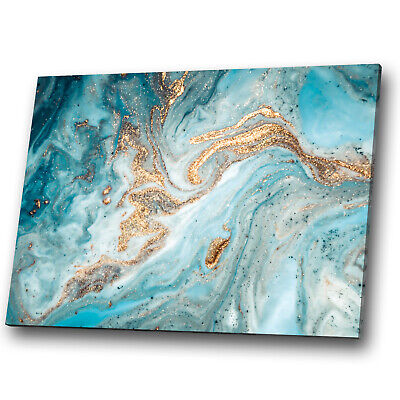 Blue Teal White Gold Marble Abstract Canvas Wall Art Large Picture Prints - Teal Blue Canvas Wall Art