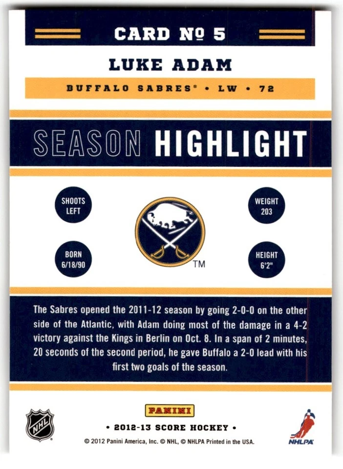 Luke Adam 2012-13 Score Gold Rush Highlight #5 Buffalo Sabres - Image 2 of 2
