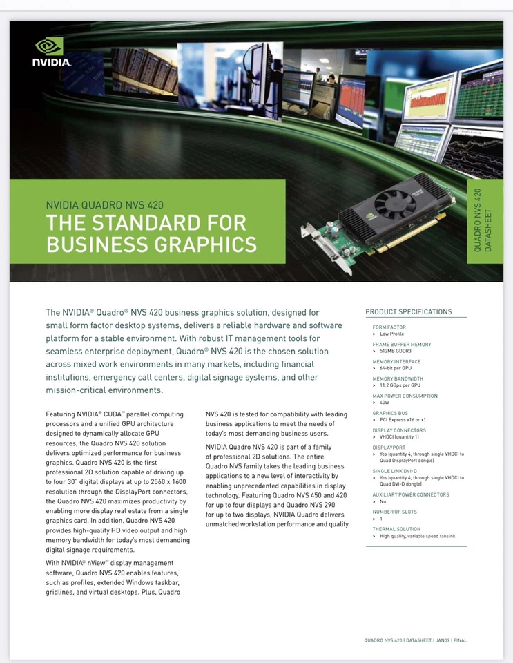 PNY Nvidia Quadro NVS420 512MB PCI Express PCI-e Quad VHDCI Video Card VCQ420NVS - Image 4 of 4