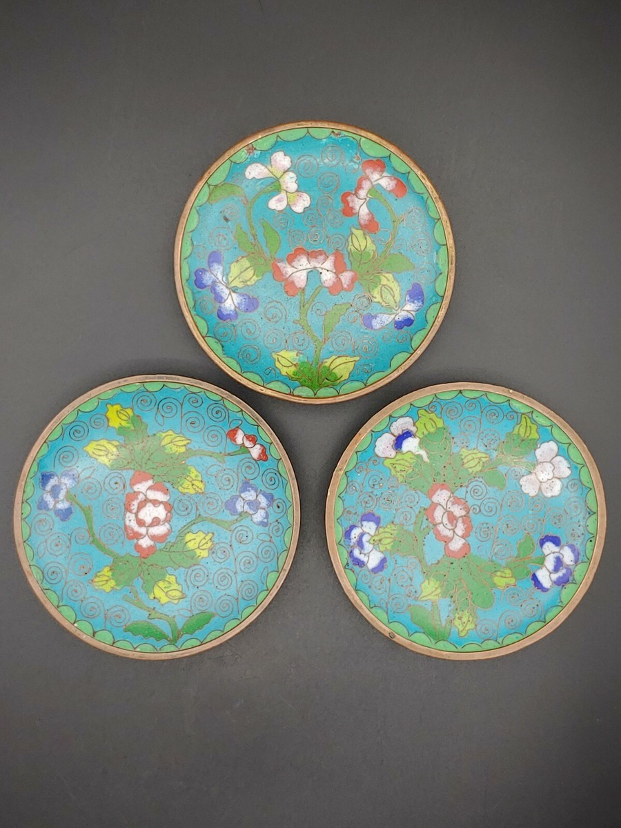 清代红铜景泰蓝茶花图赏盘Group Antique Chinese Qing Cloisonne