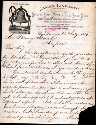 1885 San Francisco - James Linforth - Blymyer Bells Sugar Mills Letter Head Bill