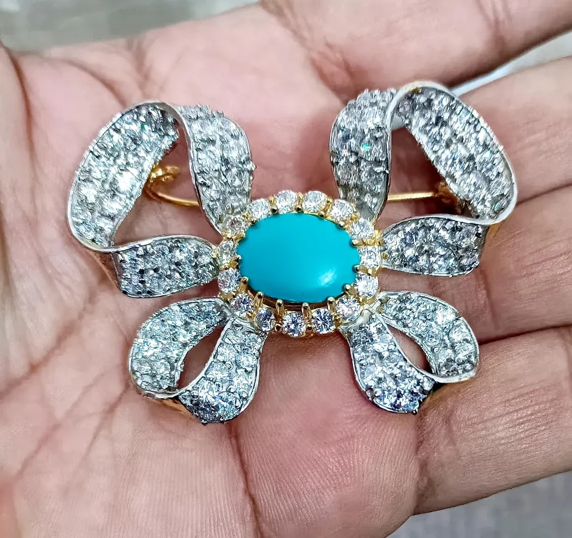 Diamante & Azul Turquesa Moño Broche 925 Plata Hecho a Mano Lujo Antiguo Regalo