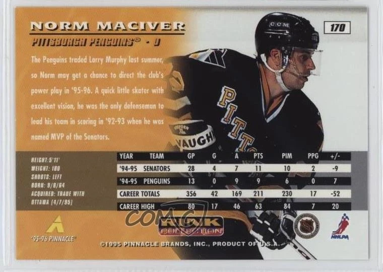 1995-96 Pinnacle Rink Collection Norm Maciver #170 - Image 2 of 2