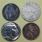 Lot of 4 Old Coins – 1 Indian Head Penny, 1 Lib V 5c, 1 Buffalo 5c & 1 Linc 1c