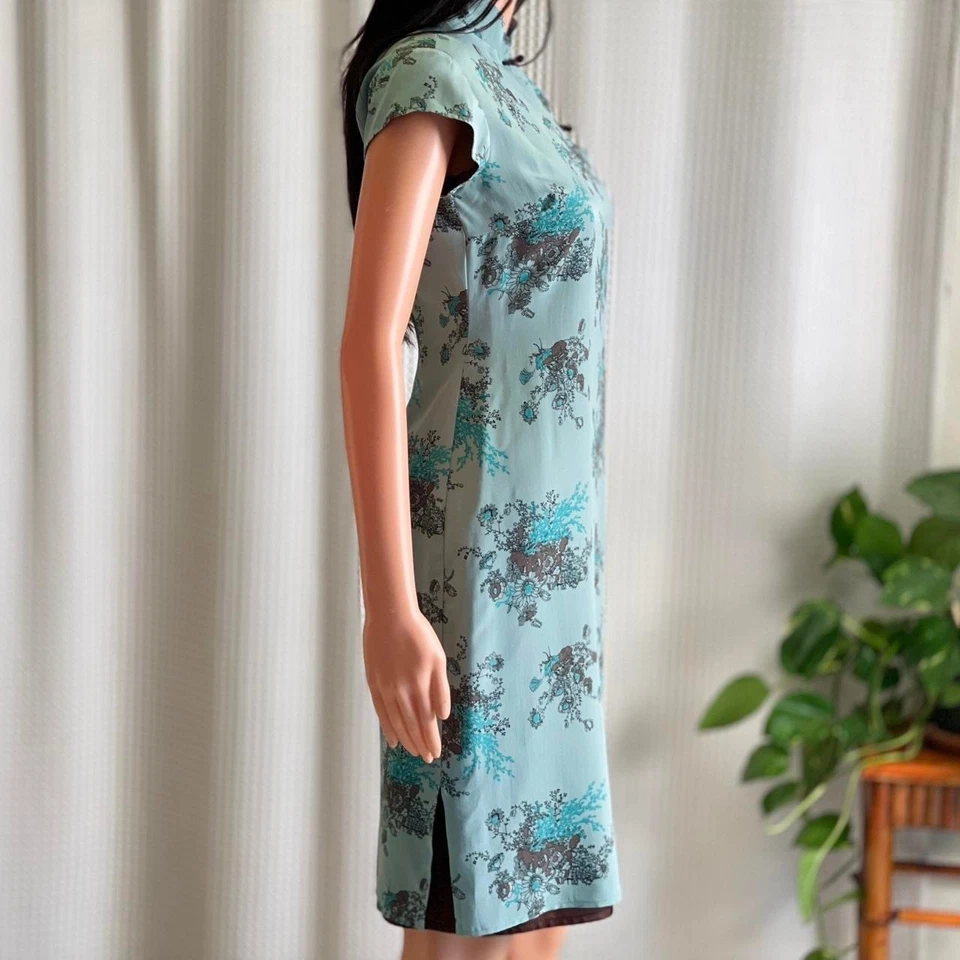 Vintage 90s Tessuto Floral Print Cheongsam Qipao Dress Blue Brown Silk Size 2 - Image 3 of 4