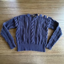 Lauren Ralph Lauren Navy Blue Aran-Knit Cotton Cable Sweater Gold Buttons SP