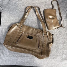 LIZ CLAIBORNE Brown Tuxedo Purse Handbag Tote Double Handles + Clutch Bag