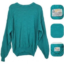 Vintage 80s London Fog Sweater Mens Large Teal Textured Knit USA Made Cotton