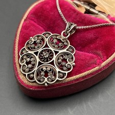 Antique 835 Silver Vintage Shiny Filigree Flower Chain Necklace