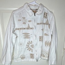 Vintage White Stag Embroidered Geometric Zip Collared Jacket White Women  s S