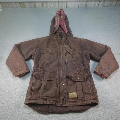 CE Schmidt Workwear Jacket Womens Small Brown Hooded Canvas Lined Parka Utility