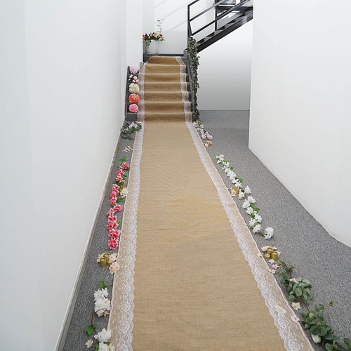 30 ft Natural Brown BURLAP AISLE RUNNER White Floral Lace Ceremony Decorations - Picture 8 of 9