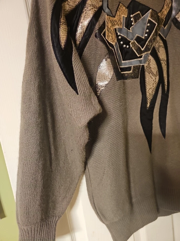 Винтажный 80-х/90-х серый Angenie свитер вязаный бисером серый с черным серебром и желтовато-коричневый - Изображение 4 из 4