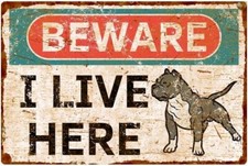 Vintage Style Beware of Dog Aluminum Sign - Pitbull - 8"x12" White